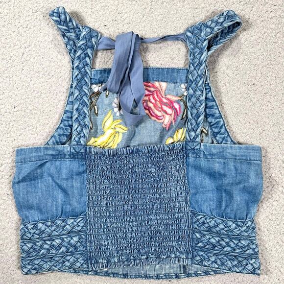 NWT Pilcro Anthropologie Embroidered Denim Cropped Top Womens Medium Floral - Picture 4 of 12